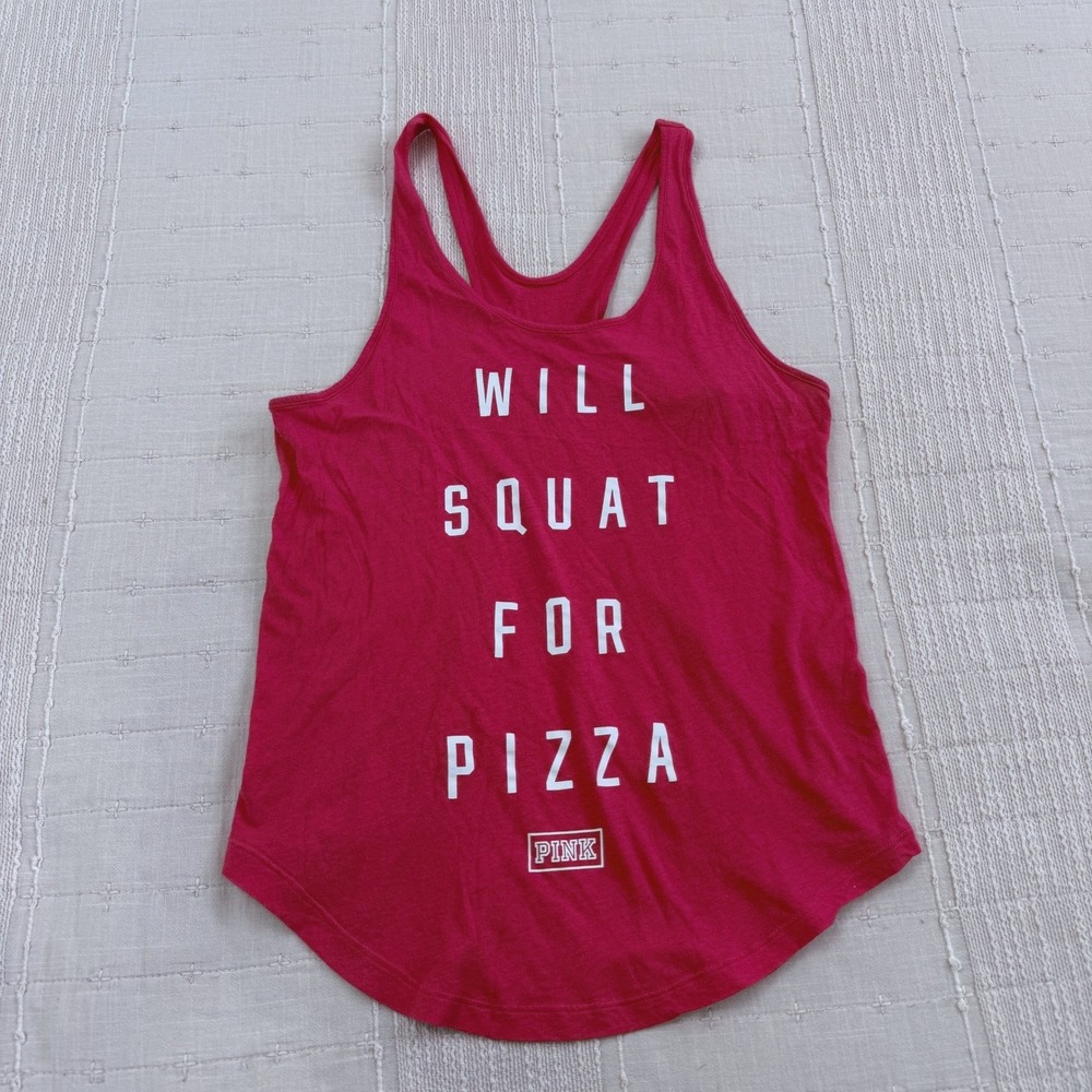 PINK Victoria's Secret Tank Top Womens XS Pink Will Squat For Pizza Graphic
